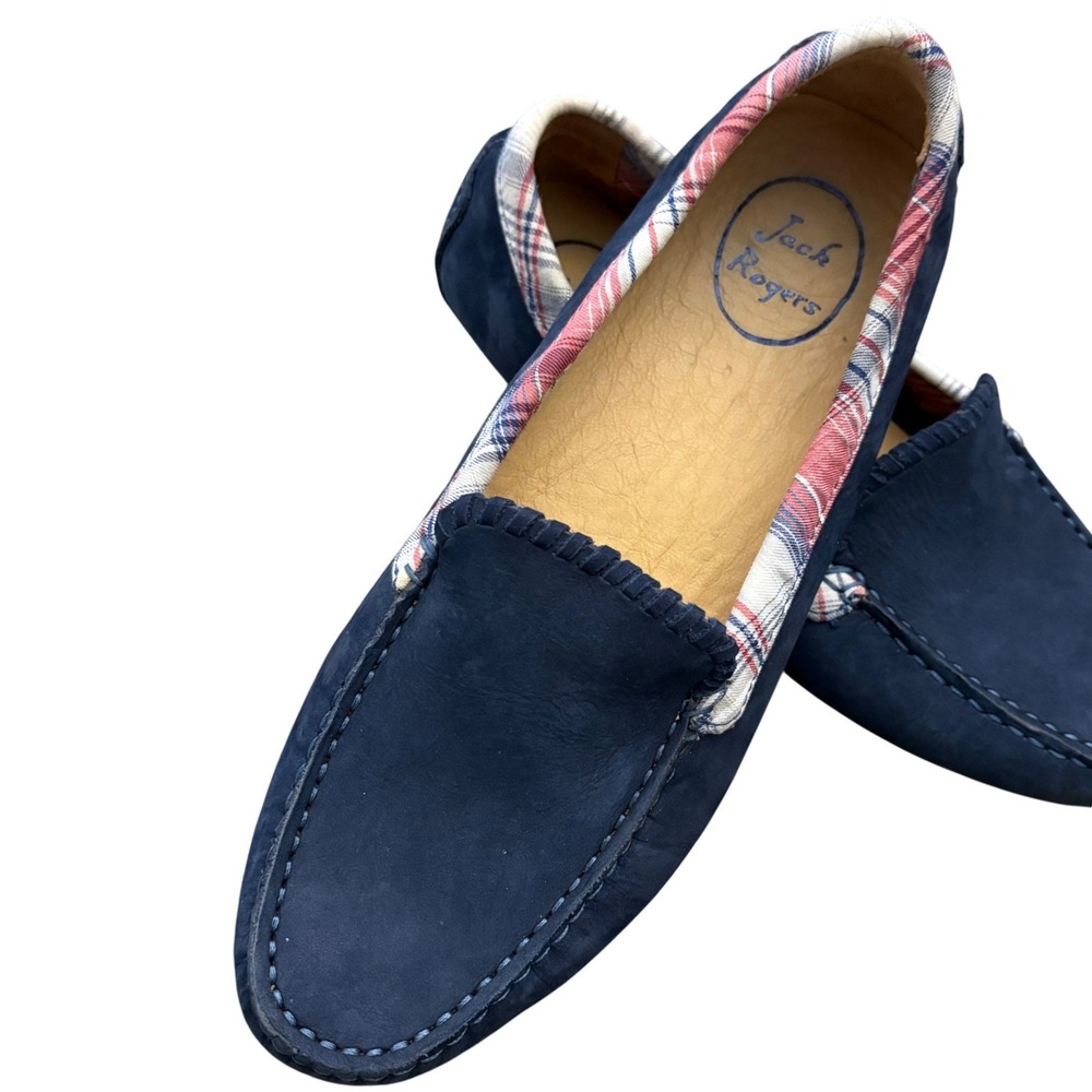 Jack Rogers Barret Mens 9.5 M Navy Blue Suede Plaid Trim Driving Loafers Brazil